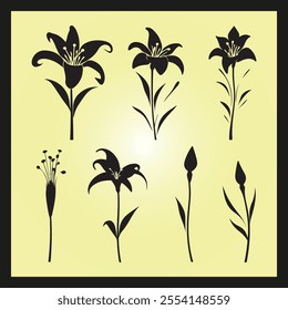 Lily flower silhouette set Clipart on a hex color background