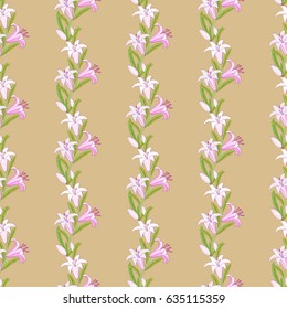 Lily flower strip pattern. Floral  seamless background.