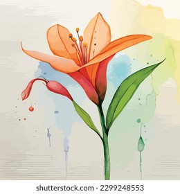 Lily Flower Watercolor Vector Art, Realstic Looking Leaf, Floral Wall Decoration