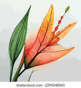 Lily Flower Watercolor Vector Art, Realstic Looking Leaf, Floral Wall Decoration