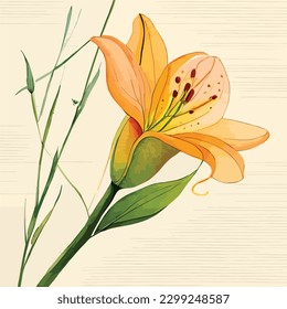 Lily Flower Watercolor Vector Art, Realstic Looking Leaf, Floral Wall Decoration