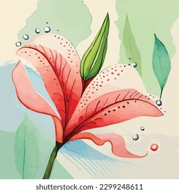 Lily Flower Watercolor Vector Art, Realstic Looking Leaf, Floral Wall Decoration