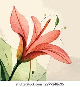 Lily Flower Watercolor Vector Art, Realstic Looking Leaf, Floral Wall Decoration