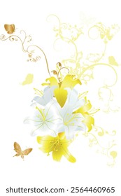 Lily flower white and yellow golden gradient pattern isolated close-up for design