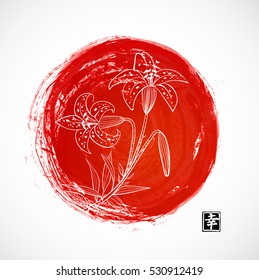 Lily flowers in big red grunge circle in oriental style on white background. Contains hieroglyph - happiness. Vector illustration.
