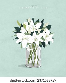 Lily flowers bouquet in a glass vase. Royal white lilies, Delicate feminine aesthetic social media post template. Isolated background. Trendy hand drawn style. Flat design element vector illustration.