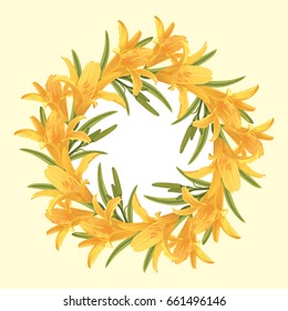 lily flowers with bud and leaves on white and yellow background. Vector set of blooming flower for your design. Adornment for wedding invitations and greeting card.