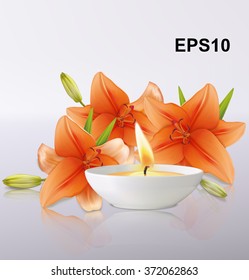 Lily flowers and candle. Vector illustration 