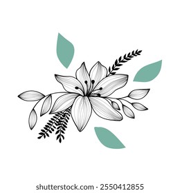 Flores de lírio e eucalipto, folhagem arte botânica linear. Padrão floral de arte de linha tropical para decoração, saudação, convite, cartão de casamento, arte de parede, papel de parede e impressão. Ilustração vetorial 