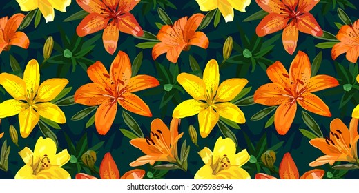 Lily flowers floral vector seamless pattern