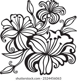 Lily flowers with leaves arrangement line art illustration. Silhouette of lilies botanical element for wedding, invitation frame design, vector illustration.