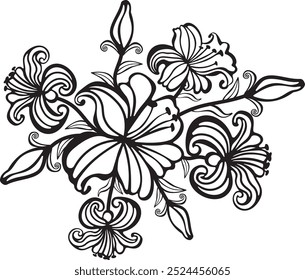 Lily flowers with leaves arrangement line art illustration. Silhouette of lilies botanical element for wedding, invitation frame design, vector illustration.