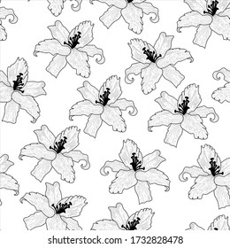 Lily flowers and leaves seamless pattern. Botanical vector illustration. Line art. Flat style for spring and summer design. Floral background