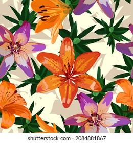 Lily flowers orange and pink vector seamless pattern