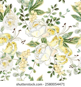 Lily flowers, roses, green leaves, currant berries, white background. Vector floral illustration. Seamless pattern. Summer plants. Botanical design