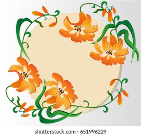 Lily flowers round card. Vector illustration