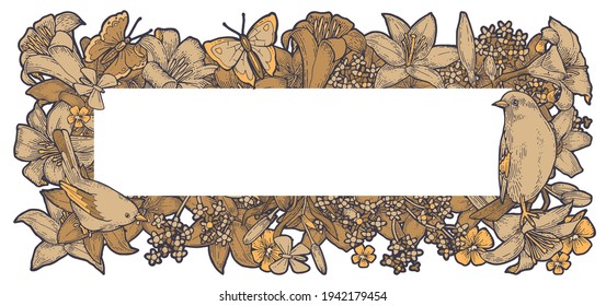 Lily flowers. Round frame. Background illustration. Hand drawing outline. Flowering of garden plants. Abstract plant picture. Vector