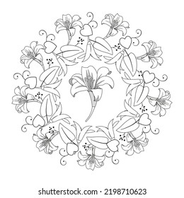 Lily flowers round ornament. Coloring book page. Vector illustration