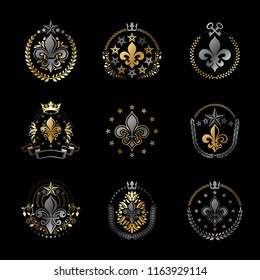 Lily Flowers Royal symbols emblems set. Heraldic Coat of Arms decorative logos isolated vector illustrations collection.