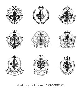 Lily Flowers Royal symbols emblems set. Heraldic Coat of Arms decorative logos isolated vector illustrations collection.