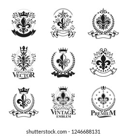 Lily Flowers Royal symbols emblems set. Heraldic Coat of Arms decorative logos isolated vector illustrations collection.