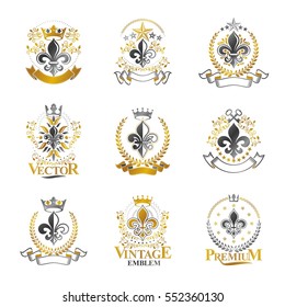 Lily Flowers Royal symbols emblems set. Heraldic Coat of Arms decorative logos isolated vector illustrations collection.