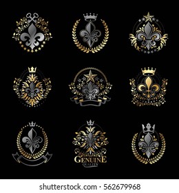 Lily Flowers Royal symbols emblems set. Heraldic Coat of Arms decorative logos isolated vector illustrations collection.