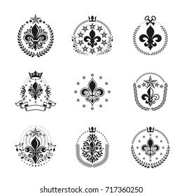 Lily Flowers Royal symbols emblems set. Heraldic Coat of Arms decorative logos isolated vector illustrations collection.