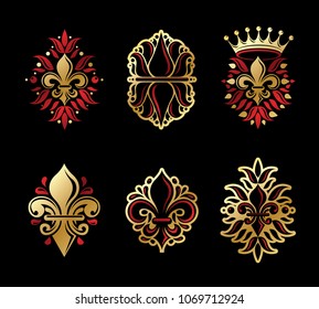 Lily Flowers Royal symbols, floral and crowns,  emblems set. Heraldic Coat of Arms decorative logos isolated vector illustrations collection.