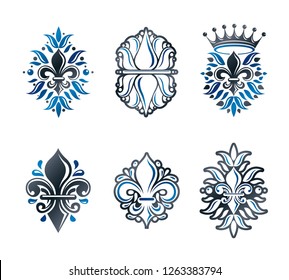 Lily Flowers Royal symbols, floral and crowns,  emblems set. Heraldic Coat of Arms decorative logos isolated vector illustrations collection.