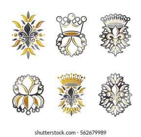 Lily Flowers Royal symbols, floral and crowns,  emblems set. Heraldic Coat of Arms decorative logos isolated vector illustrations collection.