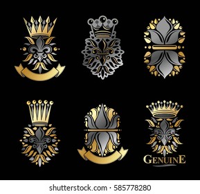 Lily Flowers Royal symbols, floral and crowns,  emblems set. Heraldic Coat of Arms decorative logos isolated vector illustrations collection.