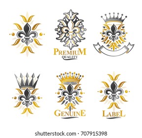 Lily Flowers Royal symbols, floral and crowns,  emblems set. Heraldic Coat of Arms decorative logos isolated vector illustrations collection.