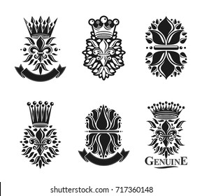 Lily Flowers Royal symbols, floral and crowns,  emblems set. Heraldic Coat of Arms decorative logos isolated vector illustrations collection.