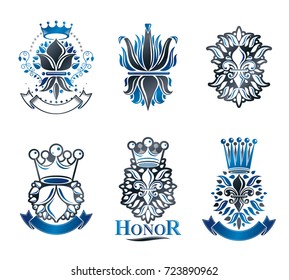 Lily Flowers Royal symbols, floral and crowns,  emblems set. Heraldic Coat of Arms decorative logos isolated vector illustrations collection.