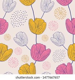 Lily flowers seamless pattern drawing. Vector illustration repeat ready for wrapping fashion textile print.