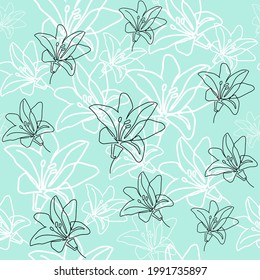Lily flowers seamless pattern on a blue background. Vector illustration. One line drawing modern trend. Fashion and beauty