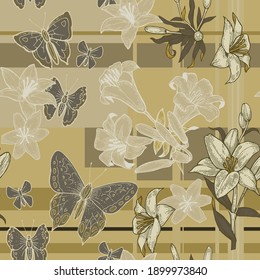 Lily flowers. Seamless pattern for wallpaper and fabric. Background illustration. Hand drawing outline. Flowering of garden plants. Abstract floral picture with butterflies. Vector