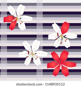 Lily flowers stripes background in vector. Seamless floral pattern. Print for fabric. Conceptual graphic illustration.