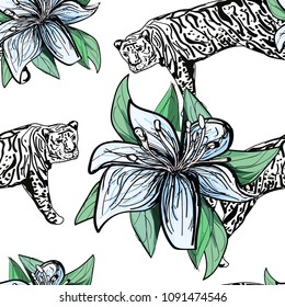 Lily flowers, tigers, seamless vector pattern