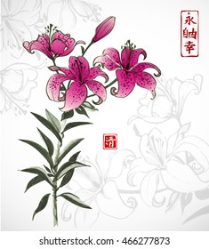 Lily flowers. Traditional oriental ink painting sumi-e, u-sin, go-hua. Contains hieroglyphs - peace, tranqility, clarity, happiness. sign of great blessing