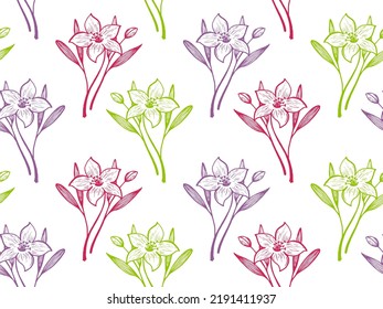 Lily flowers vector seamless pattern fabric print fashionable design. Lovely wedding ornament. Lilly or daffodil flowers outline illustration. Delicate petals texture. Sketch style wallpaper