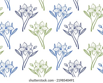 Lily flowers vector seamless pattern fabric print fashionable design. Floral line art ornament. Lilium or narcissus flowers outline illustration. Delicate petals texture. Engraving style wallpaper