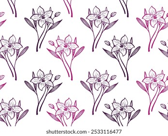 Lily flowers vector seamless pattern fabric print fashionable design. Floral adorable ornament. Lilly or daffodil flowers outline illustration. Delicate petals texture. Engraving style wallpaper