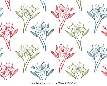 Lily flowers vector seamless pattern fabric print fashionable design. Floral adorable ornament. Lilium or narcissus flowers outline illustration. Delicate petals texture. Engraving style wallpaper