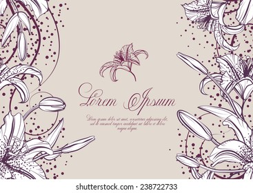 Lily frame design card. Can be used as a greeting or invitation card for wedding or any celebration. Can be used as a business card for floral boutique
