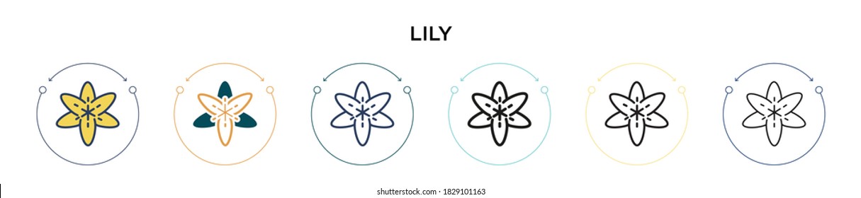 Lily icon in filled, thin line, outline and stroke style. Vector illustration of two colored and black lily vector icons designs can be used for mobile, ui, web