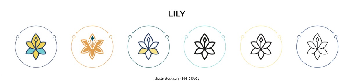 Lily icon in filled, thin line, outline and stroke style. Vector illustration of two colored and black lily vector icons designs can be used for mobile, ui, web