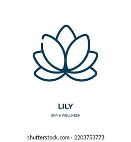 Lily Ikone. Lineare Vektorgrafik aus Wellness-Kollektion. Vektorgrafik des Liliensymbols in Umrissen. Dünnliniensymbol für Web- und mobile Apps, Logo, Printmedien.