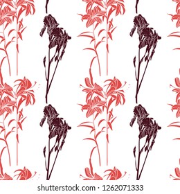 Lily and iris flowers pattern. Wallpaper ready to use design.